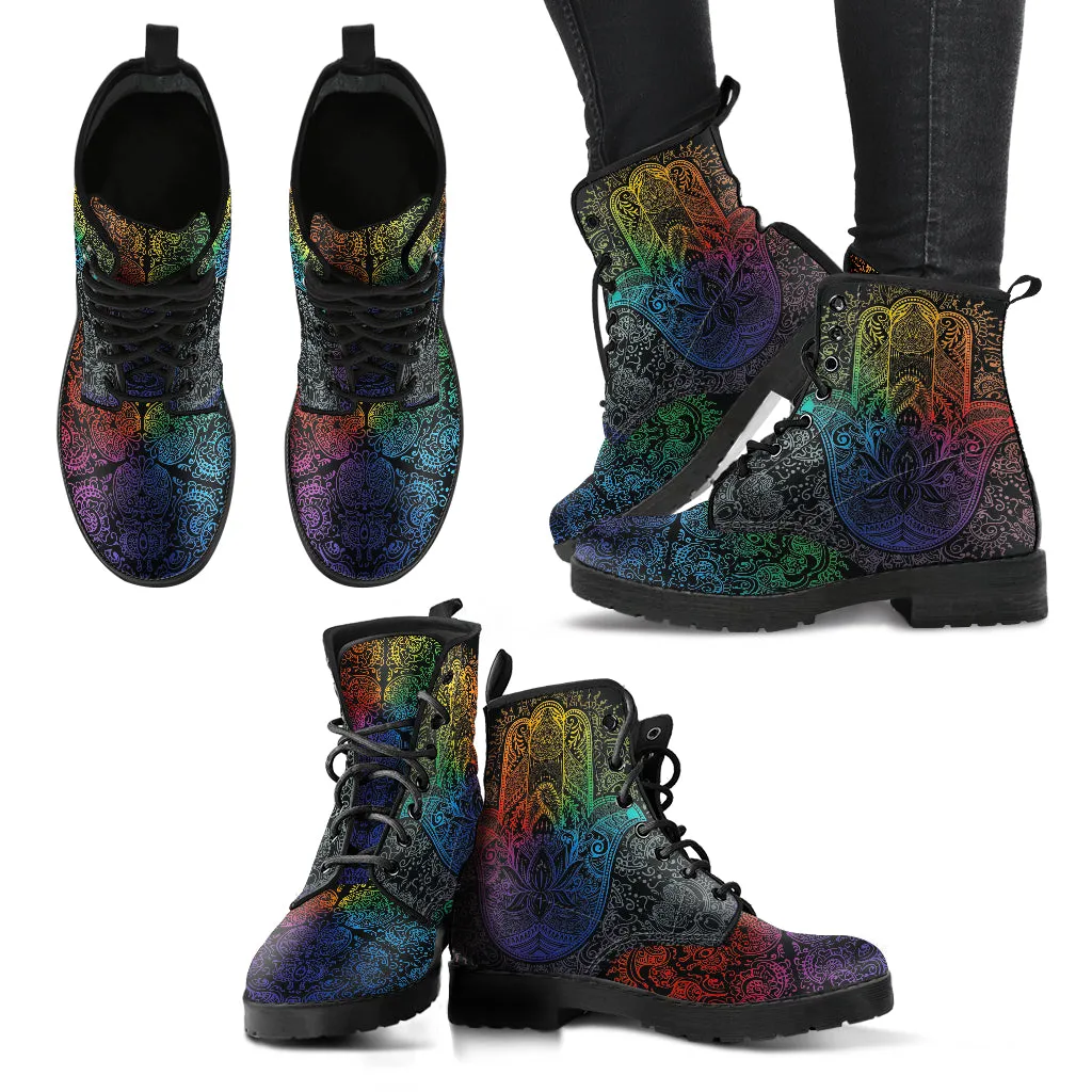 Colorful Hamsa Hand Handcrafted Women's Vegan Leather Combat Boots