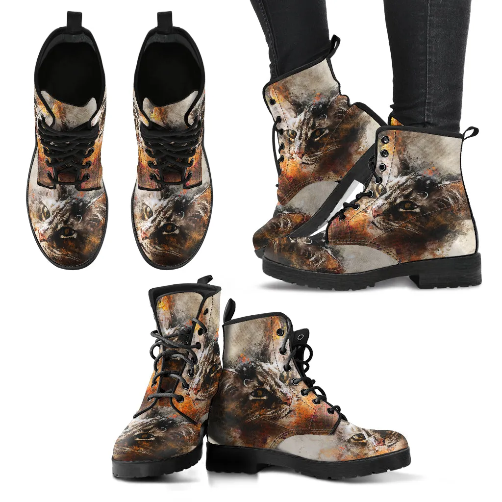 Cute Brown Cat Face Women's Vegan Leather Boots