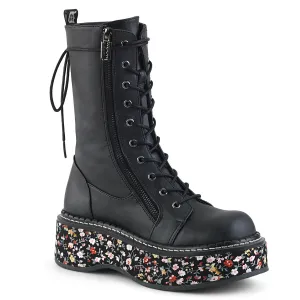 EMILY-350 Demonia Black Vegan Leather-Floral Fabric Women's Mid-Calf & Knee High Boots [Demonia Cult Alternative Footwear]