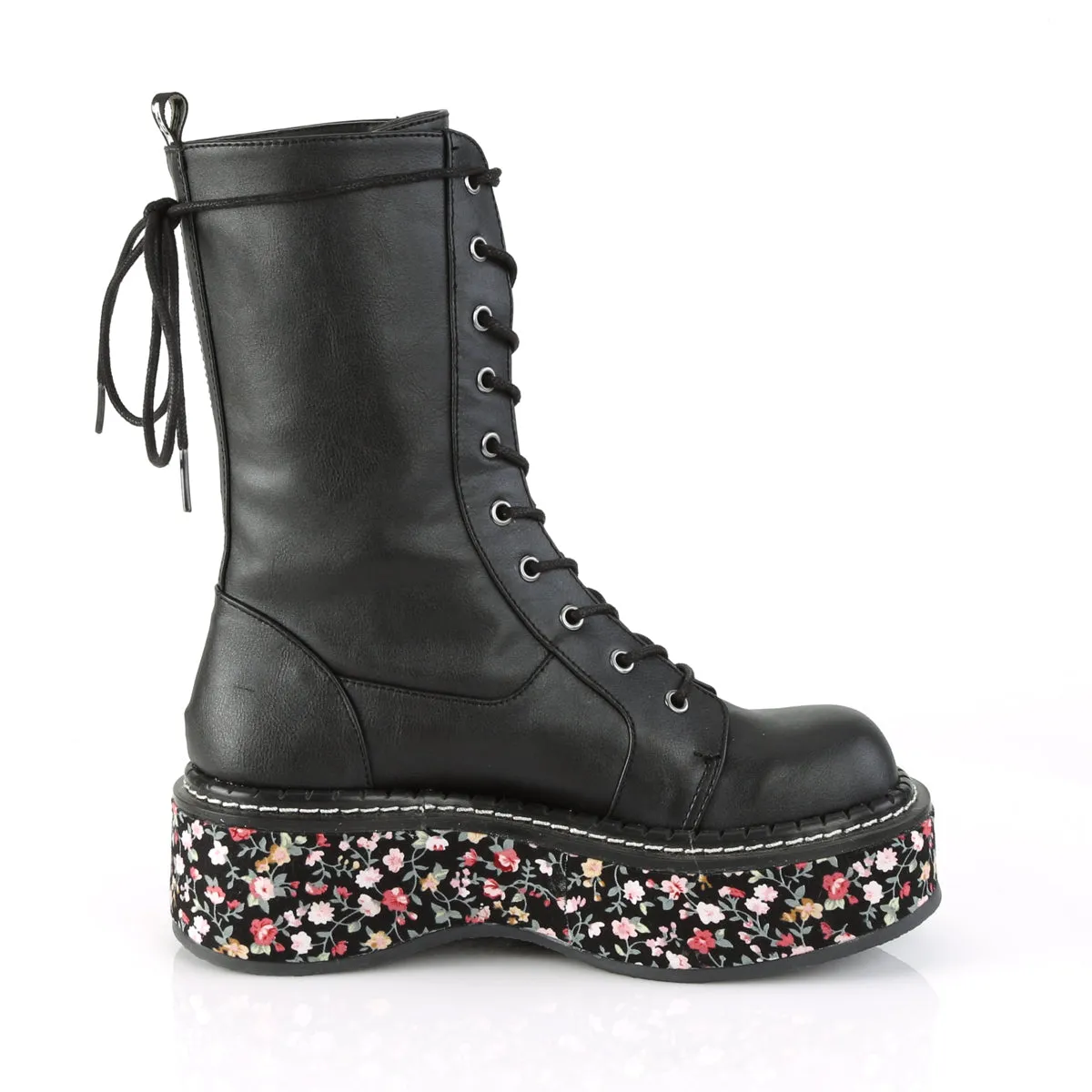 EMILY-350 Demonia Black Vegan Leather-Floral Fabric Women's Mid-Calf & Knee High Boots [Demonia Cult Alternative Footwear]