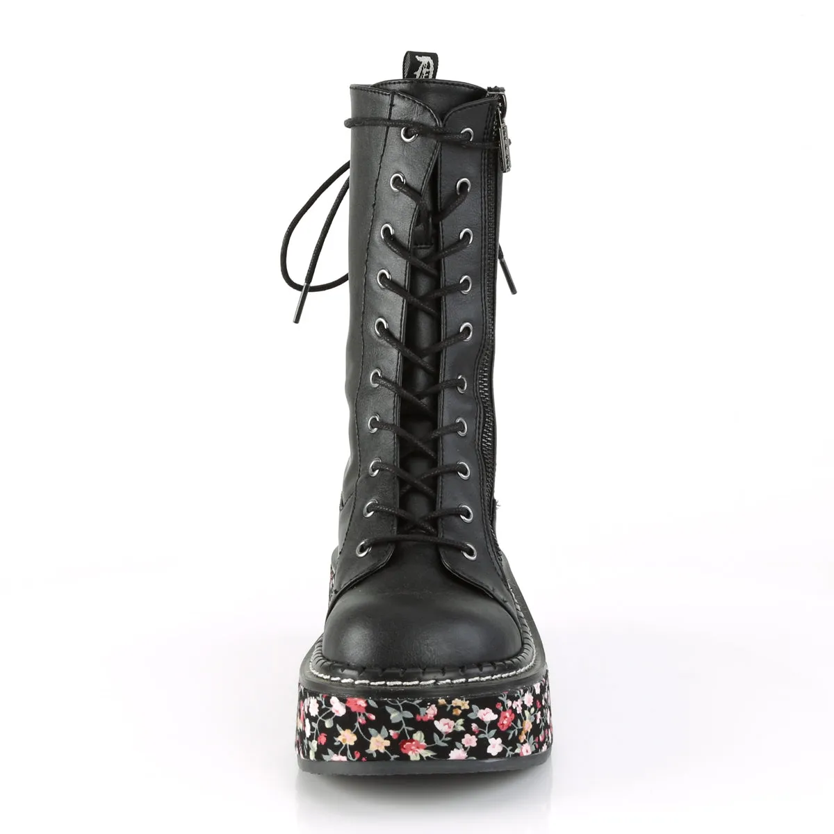 EMILY-350 Demonia Black Vegan Leather-Floral Fabric Women's Mid-Calf & Knee High Boots [Demonia Cult Alternative Footwear]