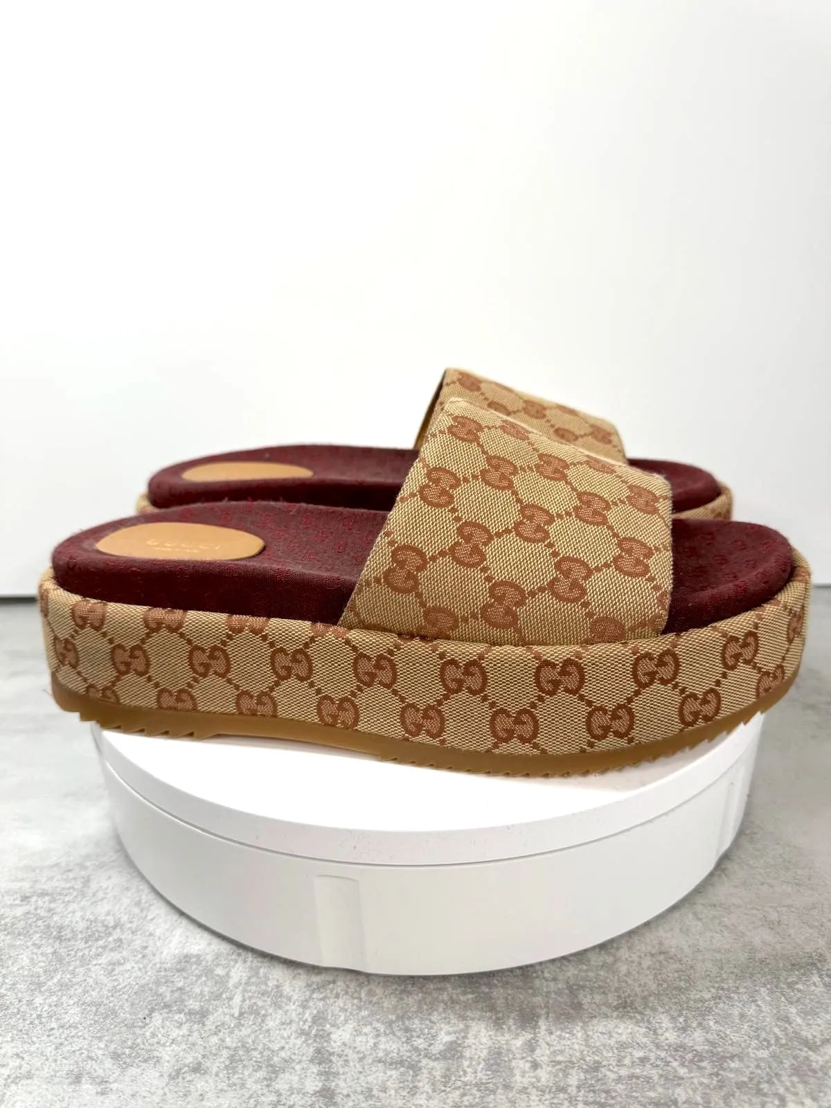 GUCCI GG MONOGRAM ANGELINA PLATFORM SLIDE SANDALS