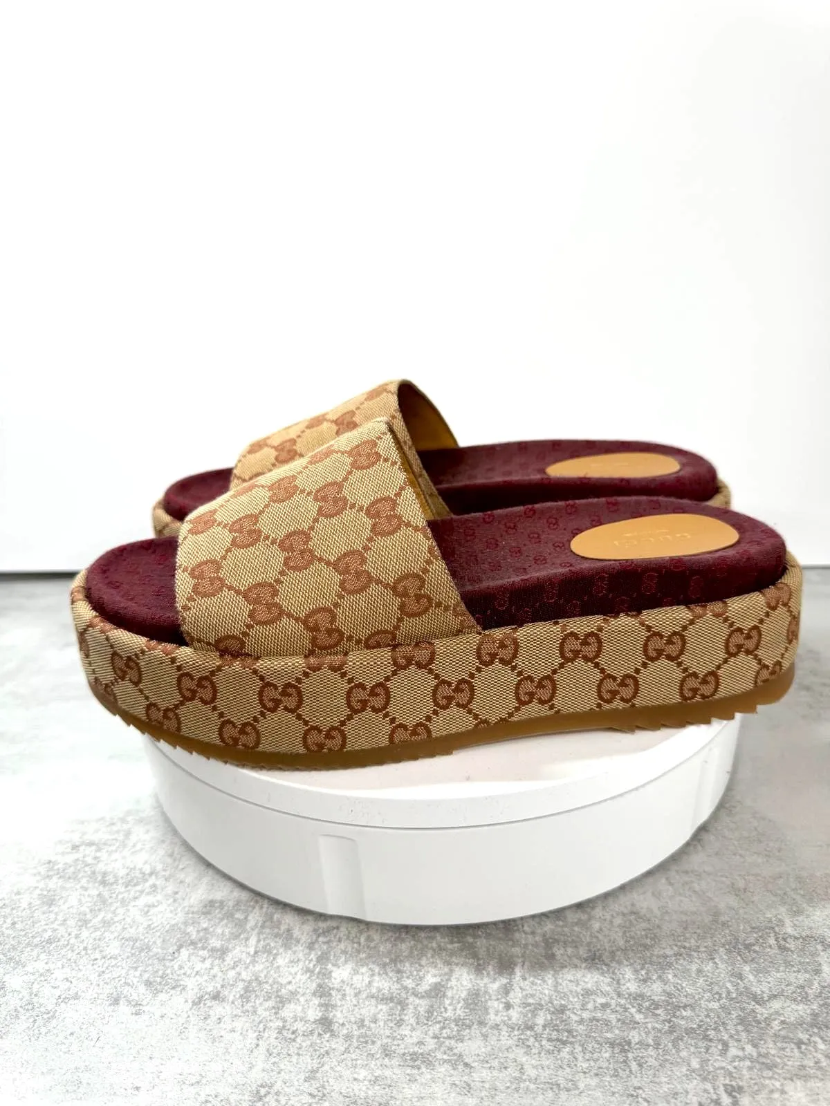 GUCCI GG MONOGRAM ANGELINA PLATFORM SLIDE SANDALS