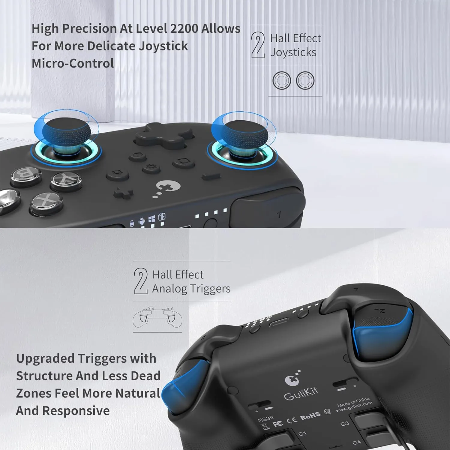 Gulikit KK3 Max Controller, Kingkong 3 Controller, Nintendo Switch Controller with Hall effect Joysticks and Triggers, 1000Hz Wireless Polling Rate, 4 Back Button, Compatible with Switch/Switch OLED