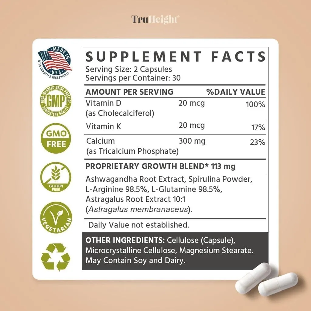 TruHeight Growth Capsules - Natural Growth & Development Supplement for Kids & Teens - Endorsed by Pediatricians - Vitamin D, K, Calcium & Ashwaganda - Bone Strength Capsules - Kids Vitamins - Ages 5 