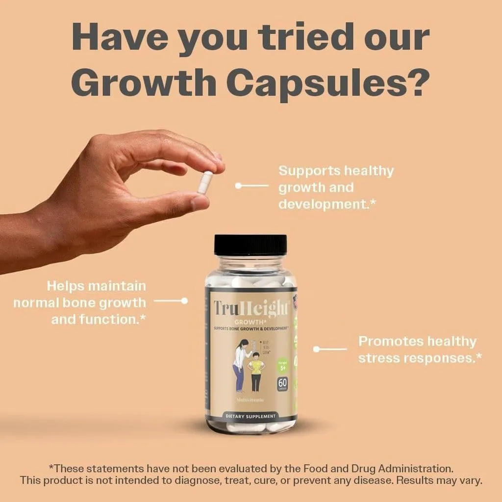 TruHeight Growth Capsules - Natural Growth & Development Supplement for Kids & Teens - Endorsed by Pediatricians - Vitamin D, K, Calcium & Ashwaganda - Bone Strength Capsules - Kids Vitamins - Ages 5 